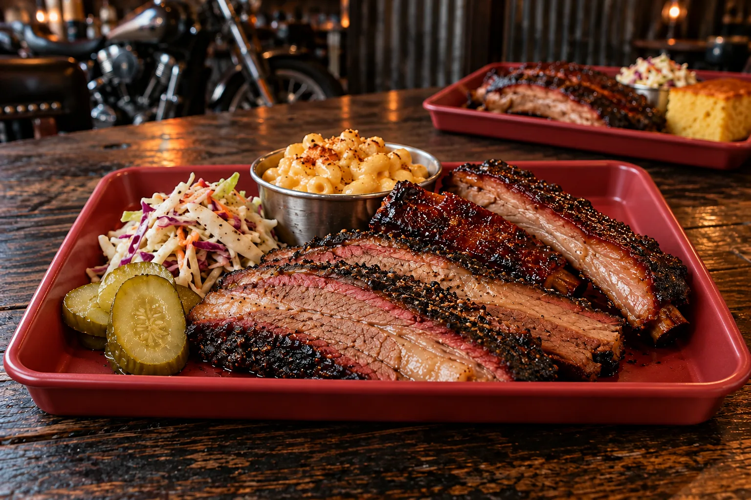 A red tray of sliced brisket, ribs, mac and cheese, slaw and pickles on a wooden table at Chrome